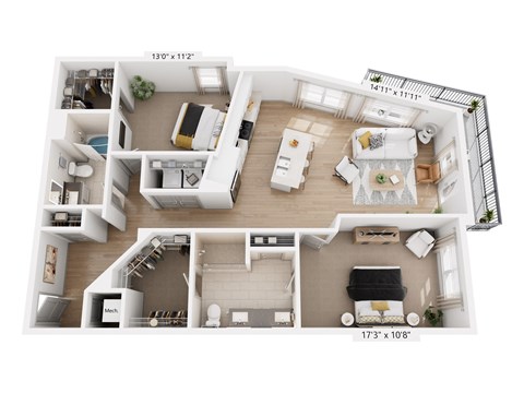 Floor plan for 2 beds, 2 baths, 1259 sqft